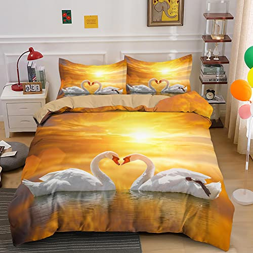 SJSXWQN Bettwäsche 135x200 Gelber Schwan Verliebt Bettwäsche-Set mit Reißverschluss Schließung für Kinder Mädchen Weicher Atmungsaktive Mikrofaser Bettbezug + 2 Kopfkissenbezug 80x80 cm