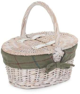 Red Hamper EH062G Wicker Childs White Wash Lidded Lined Picnic Basket with Green Tweed Lining