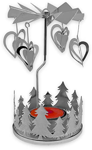 Teelichthalter rotierend Teelicht-Karussell Weihnachten Kerzenhalter aus Metall, rotierender Teelichtleuchter Mini-Pyramide 13.5cm (Silber - Tannenkranz & Herz)