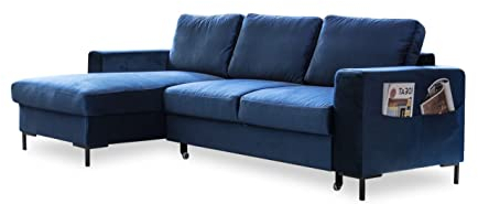 MIUFORM Ecksofa mit Schlaffunktion und Bettkasten | Lofty Lilly | Wohnladschaft Couch Schlafcouch Wohnzimmer Gästezimmer | Samt-Stoff Metallfüße (Navy blau, Links ausgerichtet)