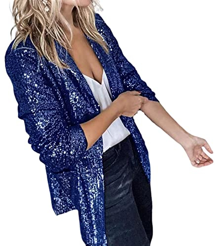 Sawmew Damen Pailletten Jacke Casual Langarm Glitzer Blazer Bomberjacke Festlich Party Club Kurze Jacke Glänzend Langarm Glitzer Jackett Frauen Glitzer Oberteile Blazer (Color : Blue, Size : XXL)