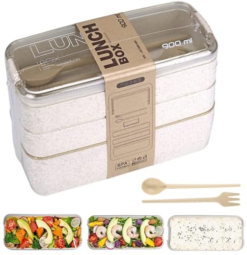 LONENESSL Bento Box, 3-in-1 Compartment Lunch Box for Kids and Adults, Stackable Lunch Box with Compartments, Includes Cutlery, Beige, Medium
