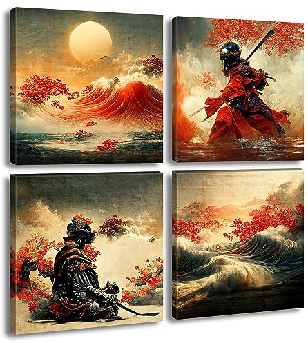 Japanische Wandkunst – Japanische gepanzerte Samurai-Kunstmalerei, Anime-Poster, Wanddekoration, asiatischer Krieger, Figur, Dekor für Zuhause, rote Pflaumenblüte, Vintage-Leinwand, Ozean-Dekor,