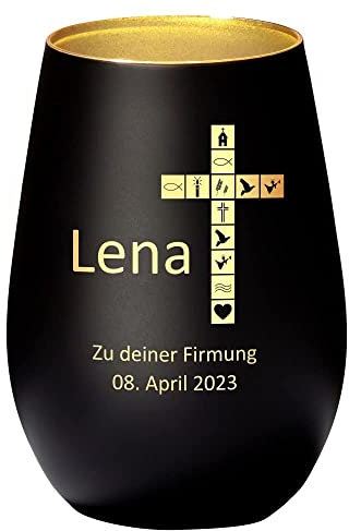 4you Design Windlicht Kreuz mit Namen, Datum graviert (Metall-Schwarz-Gold) Geschenk zur Firmung, Teelichthalter für Patenkinder, Personalisierte Geschenkidee
