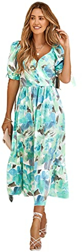 HEYPORK Damen Frühling Sommer Rock Bequem Lässig Kleider Mode Elegant Röcke Frauen Gedruckt Taille Versammlung Puffärmel V-Ausschnitt Kleid Lang(Grün, XL)