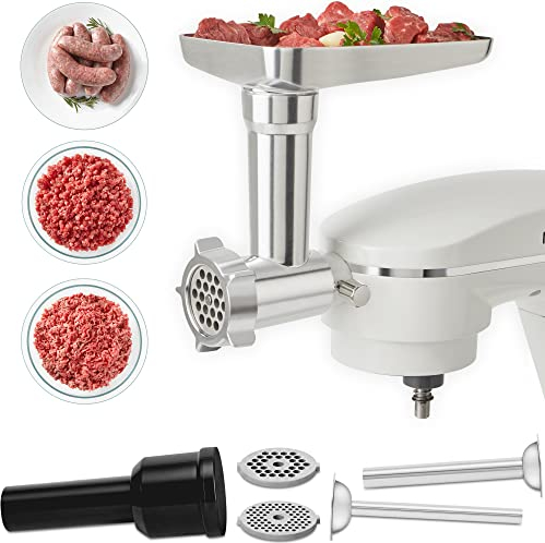 Sofortiger Fleischwolf-Aufsatz für Standmixer, inklusive Mahlplatten, Schneidklinge, Rohr, Futterschale, Schieber und Futtergehäuse
