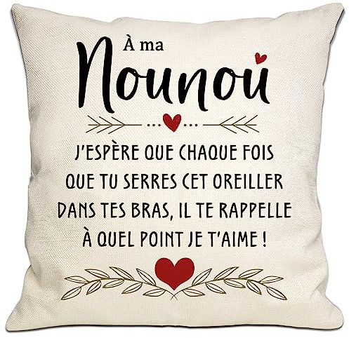 Bommex Cadeau Nounou - Housse de Coussin pour Nounou Anniversaire Fête des Mères Cadeau de Noël