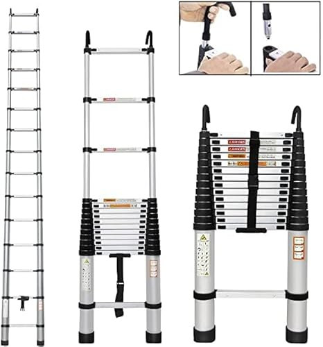 Telescopic Extension Ladder with Roof Hook Heavy Duty Aluminium Telescopic Ladder Multi-Purpose Folding Portable Ladder with Non-Slip Feet EN131 Safe Standard Step Ladder 330lbs Max Load 4.4M/14.4FT