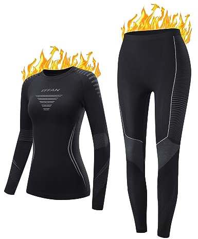 Thermounterwäsche Skiunterwäsche Damen Ski Unterwäsche Frauen Set Funktionsunterwäsche Thermo Unterwäsche Extra Warm Winter Sportunterwäsche Schwarz+Grau M