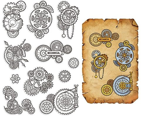 CRASPIRE Mechanical Gears Clear Rubber Stamp Steampunk Vintage Transparent Silicone Seals Stamp for Journaling Card Making DIY Scrapbooking Handmade Photo Album Notebook Decor 6.3 x 4.3 inch