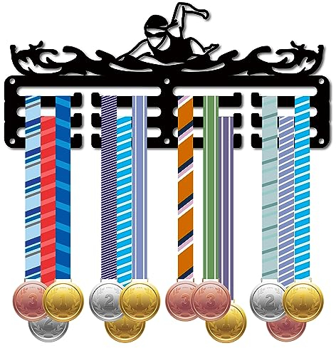 CREATCABIN Schwimm-Medaillenhalter,Medaillenaufhänger,Präsentationsständer,Sport-Metallaufhängung,Auszeichnungen,Eisen,Kleine Halterung,Dekor,Auszeichnungen Für Die Wand,Gymnastik,Schwarz,29x13cm