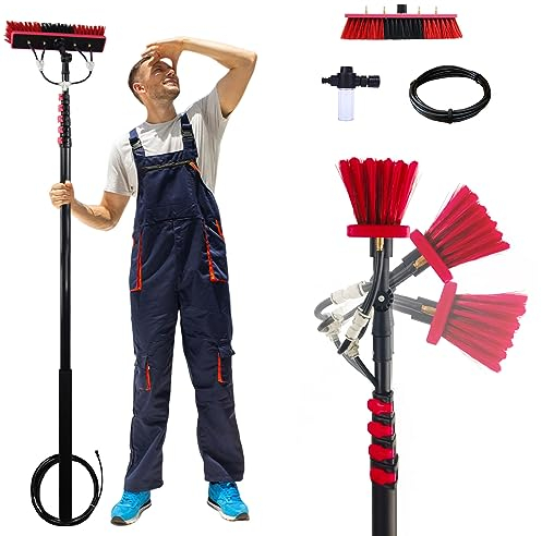 3.6-6m Perche Télescopique de Nettoyage,Toiture et Panneaux Solaires, Brosse Telescopique de Nettoyage, Kit professionnel avec Barre de Lavage à Pulvérisation d'eau (35cm Brush Head,6M)