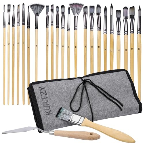 Kurtzy Lot de 24 Pinceaux Peinture & Étui - Kit Pinceau Peinture avec Poil de Nylon pour Acrylique, Huile, Aquarelle, Gouache - Idéal pour Maquillage, Miniatures, Nail Art & Art Rupestre