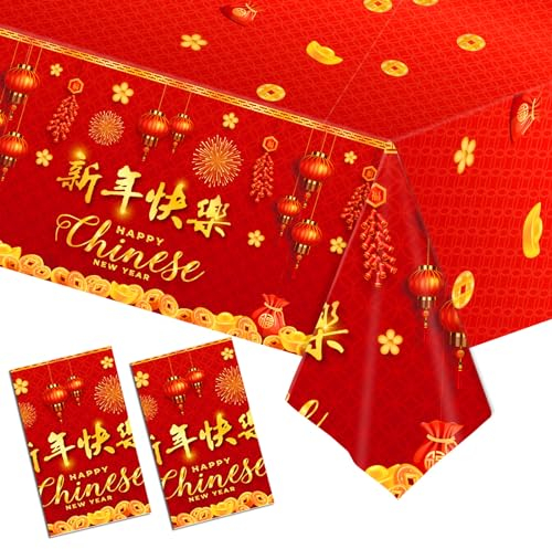 HEREER Chinesisches Neujahrsfest 2024 Dekorationen - 2 Stück Happy Chinese New Year Tischdecke Kunststoff Rechteckig Rot Gold Frühling Festival Tischdecken für Chinesische Neujahrsparty 2024 Frühling