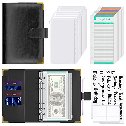 Hnogri Budget Binder with Zipper Envelopes, A6 Money Saving Binder, Black | Zipper Cash Envelopes for Budgeting, PU Leather Budget Planner Money Organizer for Cash Bills, Floral Budget Wallet for Women