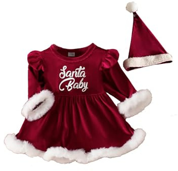 YOOJIA Baby Weihnachtsoutfit Mädchen Weihnachtskleid Strampler Kleid mit Mütze Prinzessin A-Linie Kleid Weihnachten Kostüm Rot 86-92