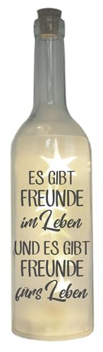 WB wohn trends LED-Flasche mit Motiv, Es gibt Freunde im & fürs Leben, grau, 29cm, Flaschen-Licht Glitzer-Flasche Leuchtflasche Lampe mit Text Spruch