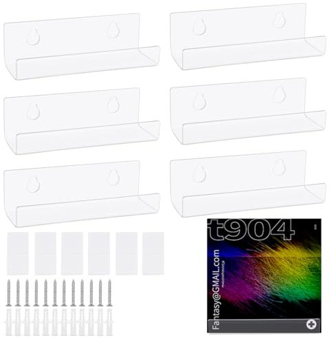 Aleker 6 Pcs Vinyl Wall Mount, Clear Acrylic Vinyl Shelf, Self-Adhesive Vinyl Display Vinyl Record with Mounting Screws, Vinyl Record Display, Vinyl Record Holder for CD Card Collection Magazine