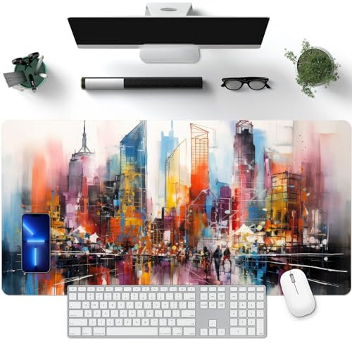 Großes Gaming-Mauspad, Landschaftsmalerei, Schreibtischunterlage, Laptop-PU-Mauspad, wasserdicht, rutschfest, Heimdekoration, Bürozubehör (69,8 x 34,8 cm, Graffiti-Linien-Stadt)