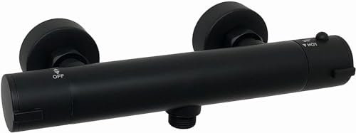 KEDWILL® Round Thermostatic Exposed Shower Bar Valve Mixer Tap Faucet for Bathrooms Matt Black Wall Mounted with G1/2 Bottom Outlet 38°C Safety Lock Anti Scald Solid Brass Modern Easy to Install