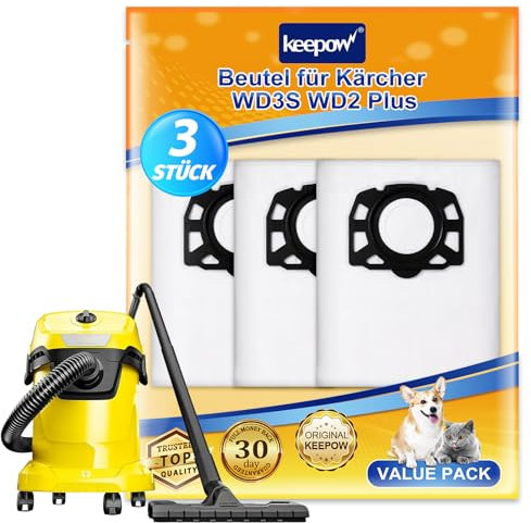 KEEPOW Karcher Lot de 3 sacs d'aspirateur pour aspirateur sec et humide WD 2 Plus, WD 3, WD 3, batterie WD 3, filtration très efficace, pour aspirateurs Kärcher WD3 S, KWD 1