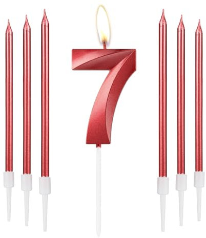 mciskin Red 7 Birthday Candles-3D Design Number 7 Candle for Cake with 6pcs Long/Thin Candles Set, Red Cake Topper for Girl 7th Birthday Decorations Supplies,7th Wedding Anniversary Decorations