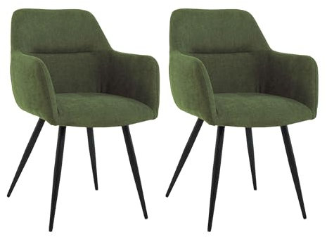 Mevsim Store Chaises de Salle à Manger Lot de 2 Vert - Chaise de Cuisine en Lin - Chaise de Salon rembourrée Assise avec accoudoirs - Pieds métalliques Noirs revêtus par Poudre