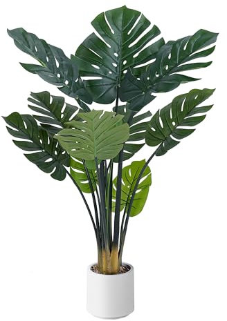 Artificial Monstera Deliciosa Plants, 4FT Faux Monstera Plant with White Planter, Swiss Cheese Plant with Green Leaves Stems, Fake Tropical Silk Tree for Indoor Office House Living Room Home Decor