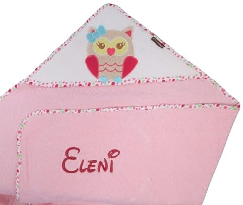 BotoBaby® Kapuzentuch mit Namen Bestickt Handtuch MIT Kapuze ★ 100% Baumwolle ★100x100 cm ★ 75x75 cm ★ Geschenk ★ Geburt ★ Taufe ★ (Rosa - Eule, 75 x 75 cm)