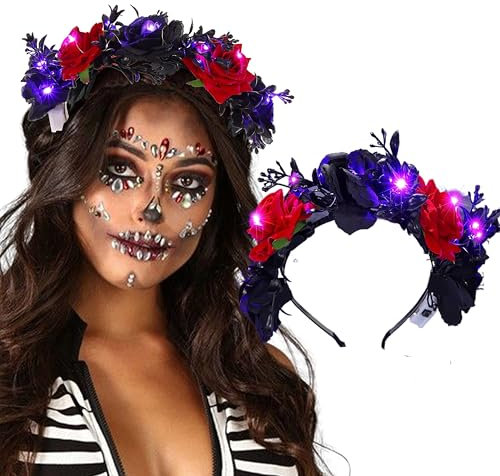 Fashband Serre-tête lumineux à fleurs d'Halloween à LED noir gothique pour femme