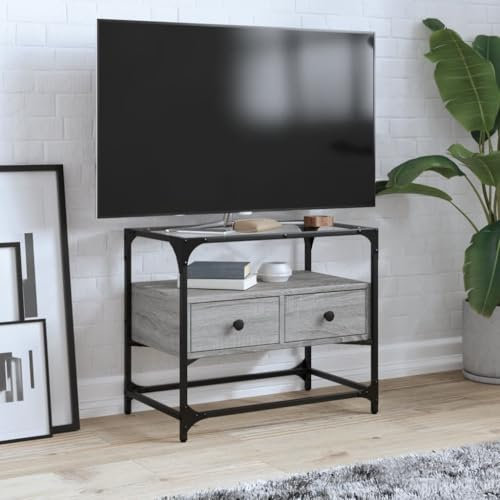 Homgoday TV-Schrank aus Glas, Sonoma-Grau, 60 x 35 x 51 cm, mehrschichtiges Holz, TV-Möbel, TV-Schrank für Wohnzimmer, industrielle TV-Ständer