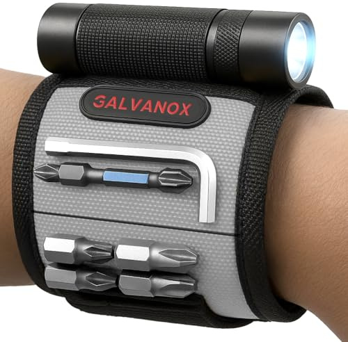 Galvanox Braccialetto magnetico con torcia a LED, magnete da polso in nylon per attrezzi, viti e chiodi, con luce da lavoro regolabile, ottimo regalo per uomini, padri, tuttofare (nero)