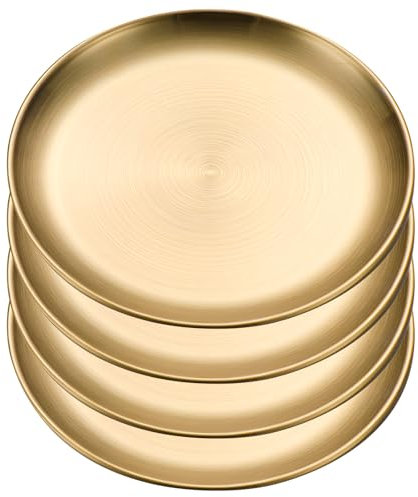 WATUNID 4PCS Stainless Steel Dinner Plates, Round Camping Plates, Unbreakable Metal Serving Platter, Non Toxic Serving Dishesf or Camping, Barbecue, Picnics, and Outdoor Use (Gold, 20cm)