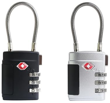 UP Security TSA Gepäckschlösser 2er Pack, kleines Zahlenschloss, TSA genehmigtes Schloss für Koffer, Kabel-Kombinationsschloss für Reisekoffer, Spind, Rucksack-Reißverschluss (Schwarz+Silber)