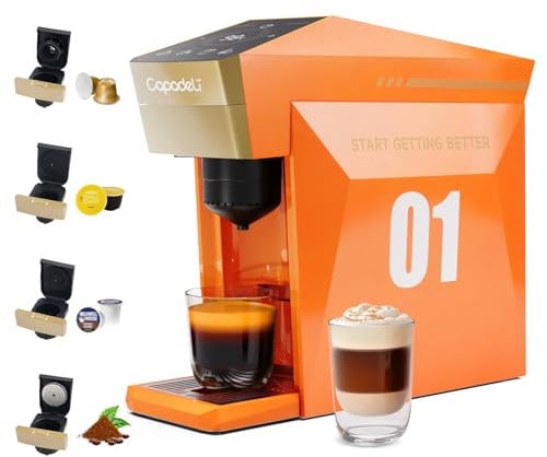 RECAFIMIL Multifunctional 4 in1 Espresso Machine, 19Bar Pressure Single Serve Coffee Maker for Nespresso Original Capsule/K-cup Capsule/LOR Nespresso Original Capsule/Dolce Gusto/Ground Coffee, Orange