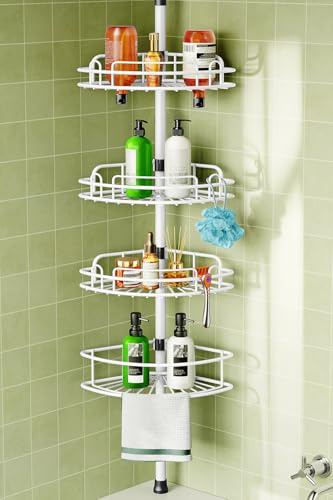 HAMITOR Rustproof Bathtub Corner Shelf, 4-Tier Shower Caddy Tension Pole | Adjustable Bathroom Organizer For Shampoo, Accessories, Storage, No-Drill Quick Install, Space-Saving 47.7-123.6 Inch, White