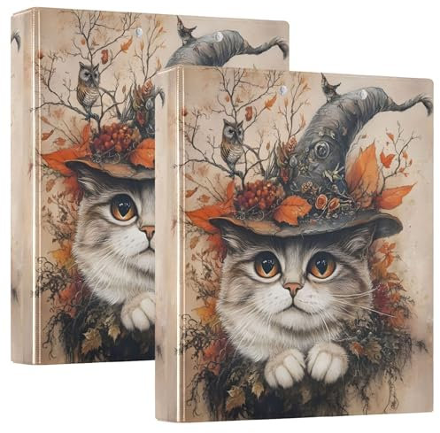 Mystische Katze, Hexenhut, Herbst, 3 Ringe, 3,8 cm, Ordner für 200 Blatt, Malerei, 3 Ringmappen, runder Ringordner, 31,5 x 27 x 6 cm, 1 Packung