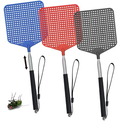 3 Pezzi paletta mosche,Scacciamosche Estensibile, Colorato Manuale paletta per mosche,Portatile Scacciamosche Plastica per Mosche,Zanzare e Insetti (Negro, Rosso, Blu)