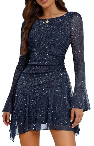 Aupuls Sparkly Homecoming Dress Short with Sleeves Ruched Waist | Back button closure, Bell Sleeve, Comfort lining prevent rubbing, Ruched Waist, Slim-fit dress for cocktail party date night