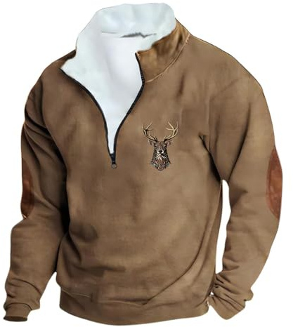 YOSUWOAI Half Zip Pullover Herren Jagd Hirsch Bedruckte Sweatshirt Langarm Pullover Vintage Winter Oberteile mit Stehkragen Loose fit Winterpullover Oversized Arbeitspullover