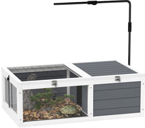 PawHut Tortoise House Enclosure Adjustable Lamp Holder Grey | Wooden Tortoise Table, Openable Lids, Pull-Out Trays