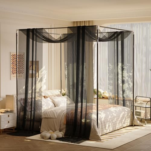 lazyzzz Betthimmel, Bettrahmen, für Doppelbett, Metall, Holz, Bettrahmen, Prinzessinnenbetthimmel, Schal für Mädchen, 2 transparente Vorhänge, 100 x 800 cm, Schwarz