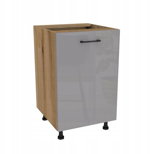 Laclar Küchenunterschrank Capri 50x48.5x82 cm - Eiche Evoke Korpus - Grau Hochglanz Acrylfront - 1-türiger Unterschrank mit Einlegeboden & Soft-Close