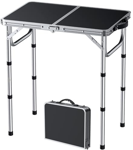FUNYKICH Campingtisch Klappbar 58x40cm, 3 Höhenverstellbar 26/48/67cm | MDF-Tischplatte & Aluminiumrohrrahmen, 30kg Traglast, Tragbar Klapptisch für Camping Picknick Grillen Balkon Strand Silber