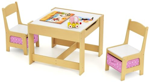 COSTWAY Kids Table Chair Set, Double Side Tabletop Table and 2Pcs Chairs with Storage Box, Activity Desk Nursery Wooden Multifunction Furniture (Natural+Pink)