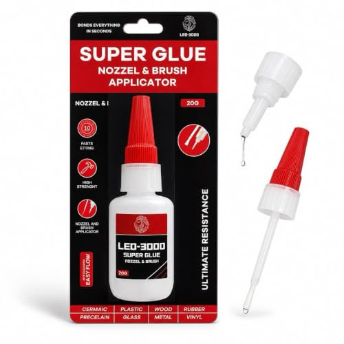 (2-in1) Super Glue with Brush Applicator & Precision Nozzle 20g, All Purpose, Strong Adhesive with Anti-Clog Cap, Dry & Mess-Free Glue for Plastic, Rubber, Metal, Ceramic & DIY Repairs by LEO-3000