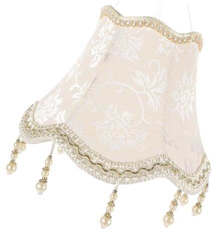 Lampenschirm aus Stoff Beige mit Fransen, E27, Weihnachten Feier | Gewebe und Metall, Blumenmuster mit Feiner Farbe, Dekorativer Ersatz für Tischlampe