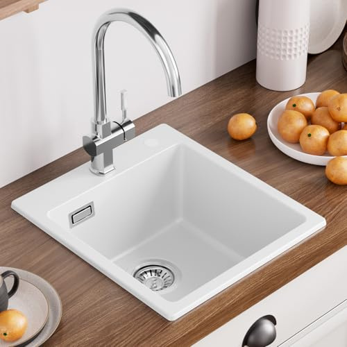 CECIPA Granitspüle 40×45 cm Weiß, Küchenspüle Mini, Spülbecken Küche Klein | Küchenspüle Weiß, Einzelbecken für Kleine Küche, Rechteckiges Spülbecken mit Ablaufset, Moderne Einbauspüle aus Granit