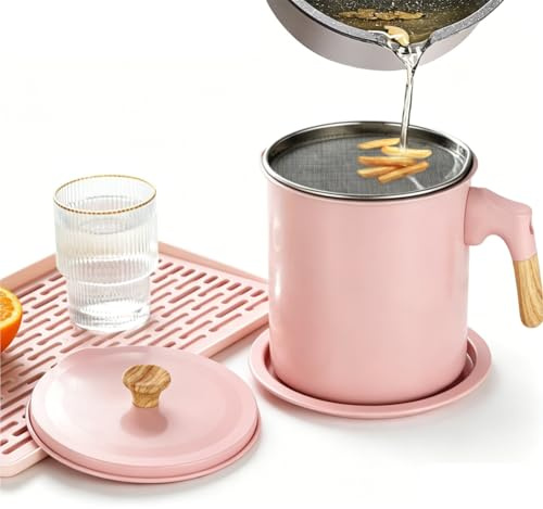 1,4 L Filtro Aceite Cocina Usado con Colador y Tapa (Rosa) | Contenedor de Grasa de Tocino, Recipiente para Aceite, Contenedor Ahorrador de Grasa