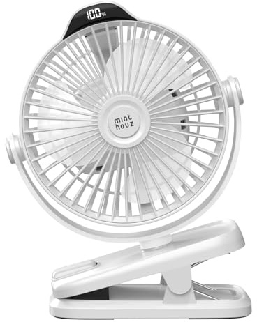 Minthouz Tischventilator mit Clip, 8000mAh USB Ventilator, 5 Geschwindigkeiten Tragbarer Mini Ventilator, Geräuscharmer Deckenventilator Ideal für Outdoor Camping/Kinderwagen/Haus/Büro - Weiß